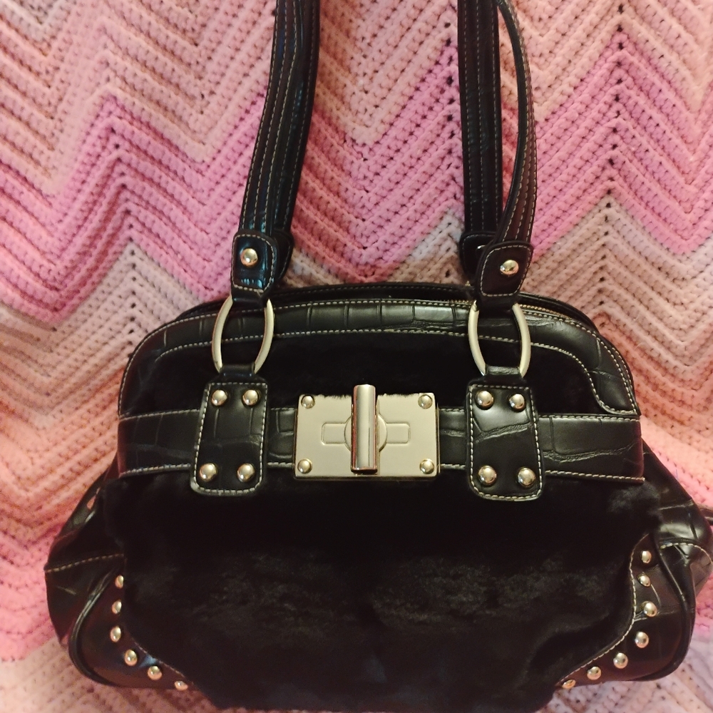 Kathy van Zeeland Black Leather FauxnFur East West Shoulder Bag